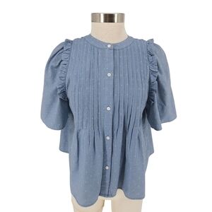 JOIE Shirt Blue Polka Dot Pleated Ruffle Short Sleeve Button Up Top Blouse Small